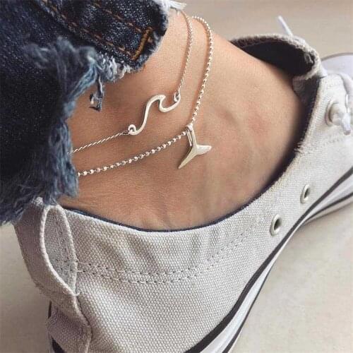 New Fashion Silver Color Wavy Lucky Whale Tail Anklets Bracelet For Women Vintage Boho 2021 Geometry Chain Anklet Jewelry Gift