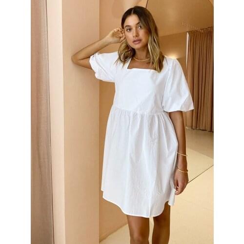 Mnealways18 Puff Sleeve Womens Cotton Dress White Chic Lace-Up Hollow Out Backless Dress Square Collar Loose Short Dress Casual