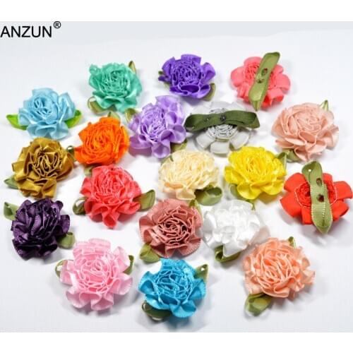 12pcs 30mm Polyester Flower Heads Carnation Appliques With Green Leafe Handmade DIY Hairbow Sewing Garments Materials
