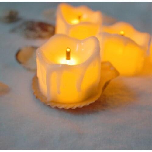 12pc/lot Yellow Flicker Wax Droped Cheap Candles Tear Drop Tea Light Flameless Candle Battery Operated Pillar Electronic Candle