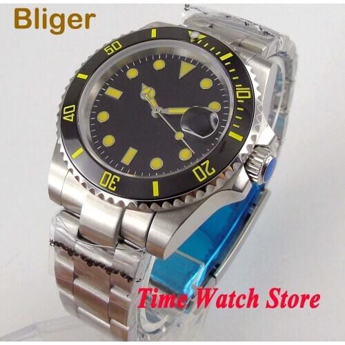 Bliger 40mm Miyota 8215 automatic wrist watch men sapphire glass waterproof black dial yellow marks luminous ceramic bezel 107