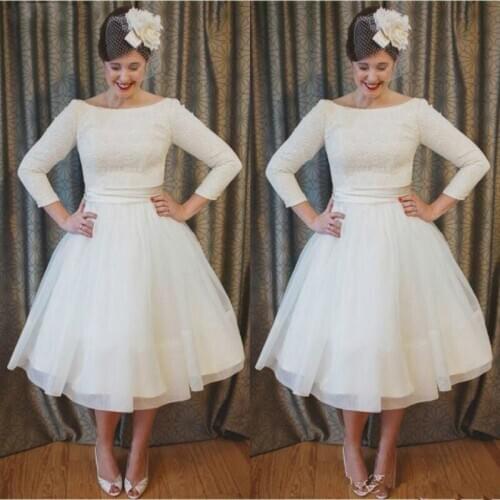 Elegant Boho Short Wedding Dress 3/4 Sleeve Tea-Length Lace Vintage Bride Dresses Summer Bridal Gowns Custom Made