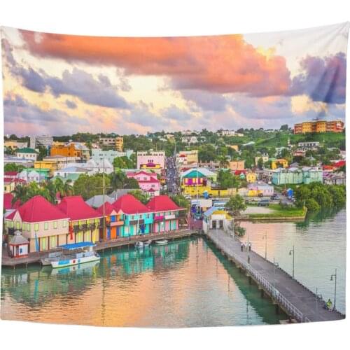 Barbuda St Johns Antigua Port and Skyline at Dusk Tapestry Home Decor Wall Hanging for Living Room Bedroom Dorm 50x60 inches