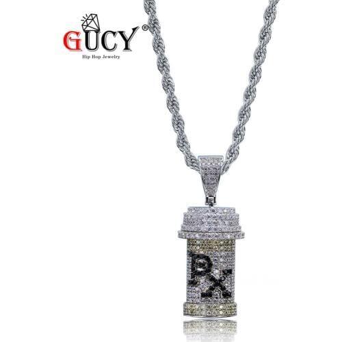 GUCY Hip Hop Detachable Medicine Bottle Pendant Necklace Gold Silver Color Micro Pave CZ Pendants Necklaces Mens Jewelry Gifts