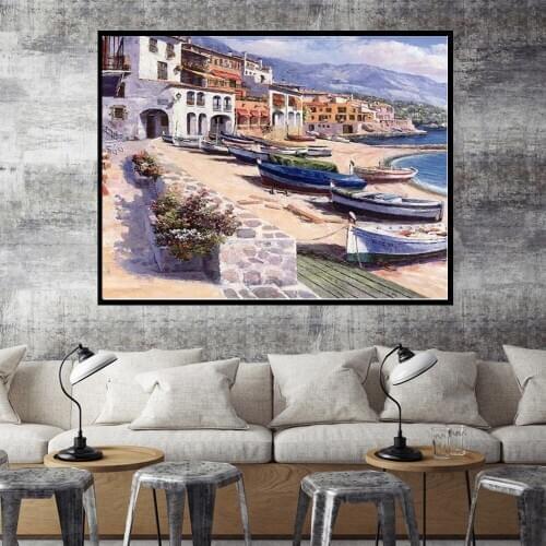 Oil Painting By Numbers "The Ship on The Beach"Drawing on Canvas HandPainted Art Gift DIY Picture By Number Kits Wall Decor