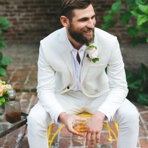 Handsome Cream White Groom Wedding Tuxedos Slim Fit Mens Suits Peaked Lapel One Button Prom Party Blazer Jacket (Jacket+Pants)
