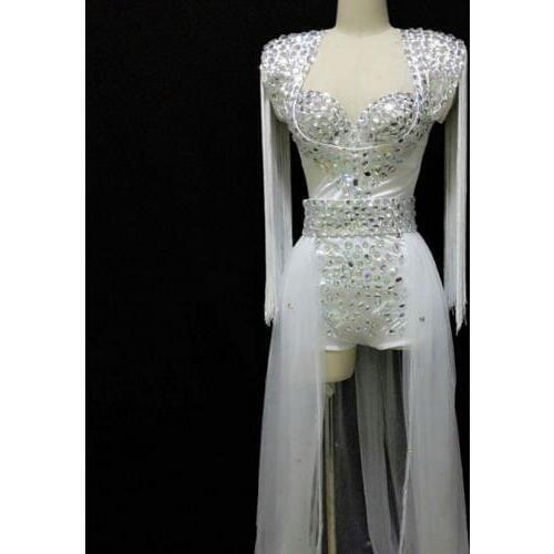 Fashion Female Singer Neon Rose White Dj Ds Powder Sparkling Crystals Rhinestone Fashion Epaulette Train Nightclub Dance Wear