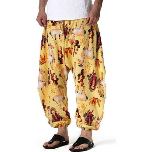 Mens Cotton Yoga Baggy Printed Aladdin Harem Pants Boho Style Casual Comfortable Home Pants Men Hip Hop Jogger Sweatpants