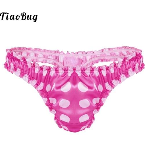 TiaoBug Mens Lingerie Soft Satin Polka Dot Ruffled High Cut Low Rise Bikini Sissy Briefs Thong Underwear Panties
