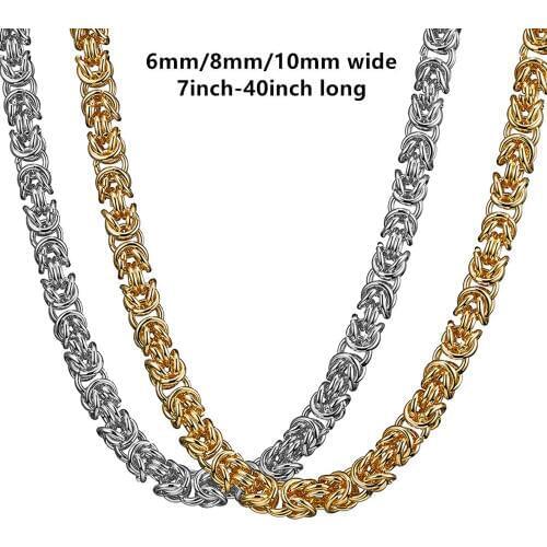 Fashion 6mm/8mm/10mm 316L Stainless Steel Necklace Gold Silver Color Handmade Byzantine Link Chain For Mens Womens