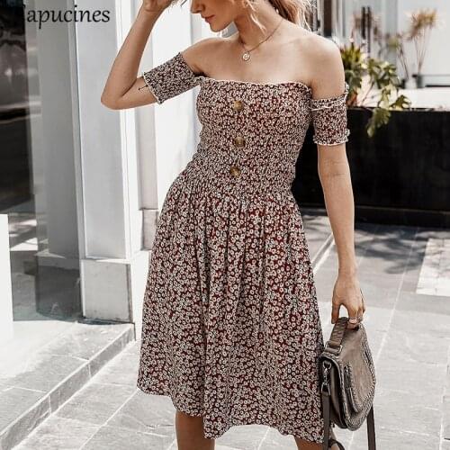 Capucines Sexy Off Shoulder Floral Printed Summer Dress Women Short Sleeve Slim Midi Dresses Female Boho Beach Casual Vestidos