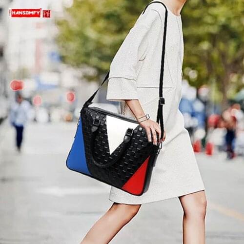 Simple Fashion Womens Weave File Bag Genuine Leather Female Computer Handbags Ladies Business Shoulder Bag Commuting Briefcase