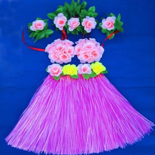5pcs/set Girl Hawaiian Grass Skirt Fashion Show Dance Hula Suit Children Clothing Hawaiian Costume Flower Bra Headband Wristband