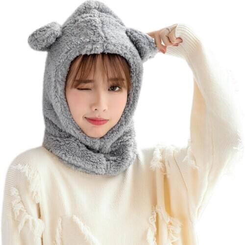 Women Winter Plush Warm Hood Cap Scarf Cartoon Bear Ears Windproof Earflap Hat