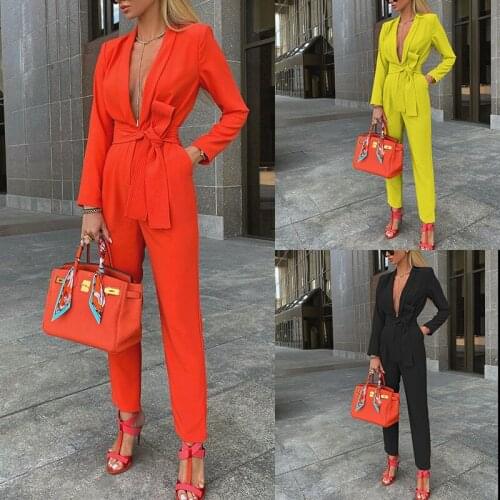 Womens Suit Jumpsuit 2021 Spring Summer New Long-Sleeved Tie V-Neck Sexy Jumpsuit Fashion Solid Color Loose Casual Jumpsuit Hot