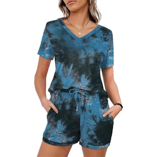 Womens printed short sleeve pocket two-pieces sets v-neck drawstring loose shorts women 2021 summer two-pieces casual suits