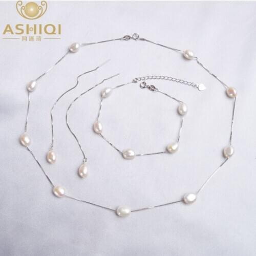 ASHIQI Real 925 Sterling Silver Natural Freshwater pearl Jewelry Sets Necklace Bracelet Earrings for women Fashion 2020 New