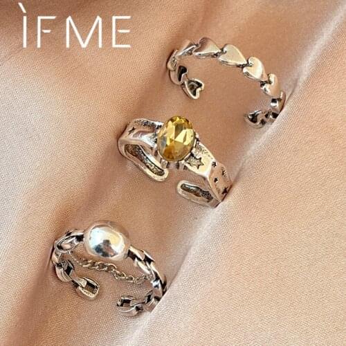 Punk Vintage Retro Silver Color Chain Opening Rings Set for Women Girl Geometric Crystal Ball Heart Finger Ring Trendy Jewelry