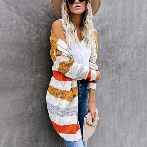 Women Autumn Color Block Striped Cardigan Long Sleeve Open Front Chunky Knitted Sweater Coat Knee Length Loose Outwear with Pock