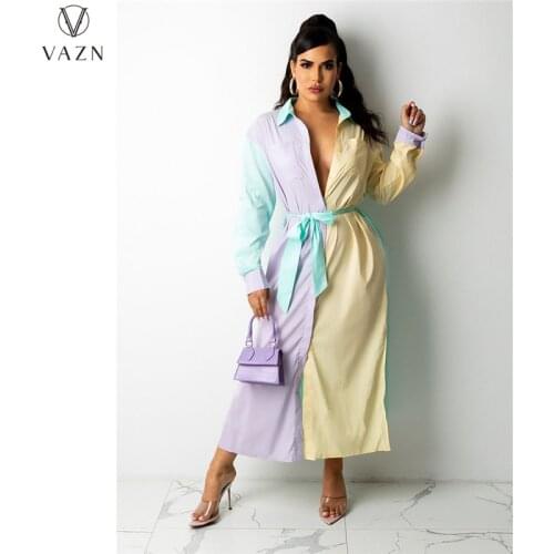 VAZN 2021 Spring Women Fashion Hot Sale Street Casual Style Long Dresses Long Sleeve Lapel Dresses Single-breasted Shirt Dress