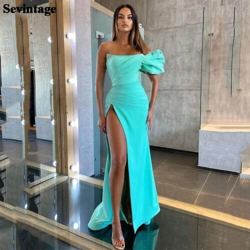 Sevintage Ligh Green Mermaid Long Prom Dresses Slit Side Short Sleeves Formal Party Gowns Pleats Evening Dress Plus Size 2021