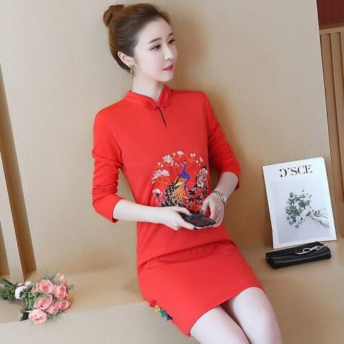 2018 Autumn New Pattern China Nation Wind Self-cultivation Thin Cheongsam Stand Lead Long Sleeve Embroidery Dress