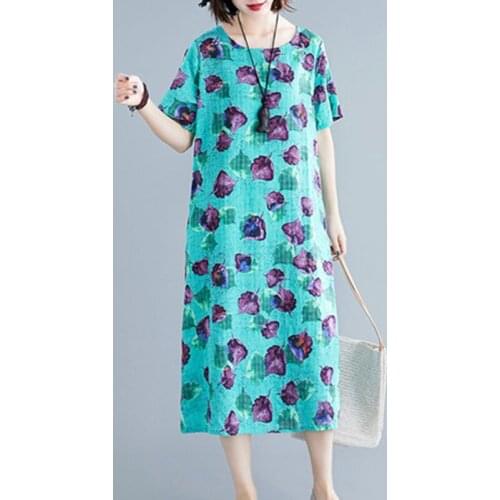 Plus Size Short Sleeve Print Ladies Dress Summer Loose Slim Cotton Linen Dresses Casual Fashion Round Neck Feminine Vestidos