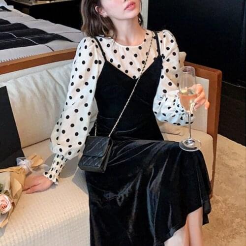 Retro Black Midi Dress Women Party 2021 Autumn Vintage Y2k Dress Korean Fashion Long Sleeve Elegant Velvet Dress 2 Piece Set Dot