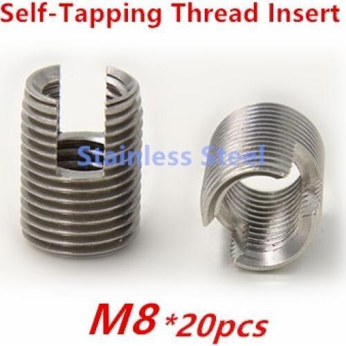 20pcs M8 Stainless Steel Self tapping Thread Insert Self Tapping Screw Bushing Slotted Type Thread Repair Inset