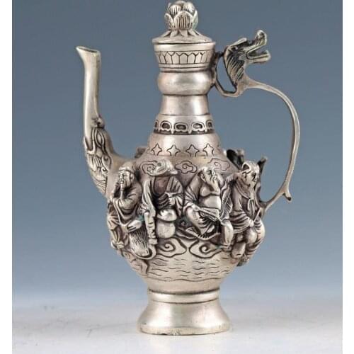 Anituq Chinese Silver Hand Carved The Eight Immortals Teapot ,best collection&adornment,free shipping
