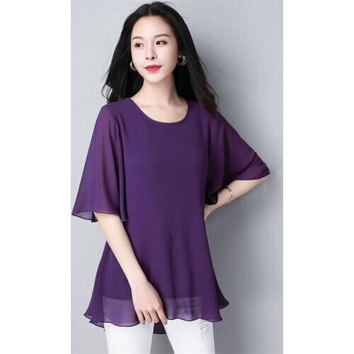10 Solid Color Basic Chiffon Shirt Women Casual Loose O-neck Office Summer Tops Plus Size Shirt M-7XL 8XL