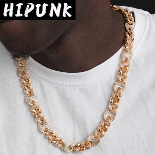 HIPUNK Hip Hop Iced Out Cuban Link Chain Necklace Micro Pave Cubic Zirconia Bling Jewelry For Men Women Rapper