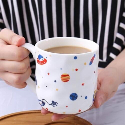Ceramic Cute Planet Coffee Mug with Lid and Spoon White Porcelain Office Tea Cup Couple Water Cup Household Breakfast Milk Mug