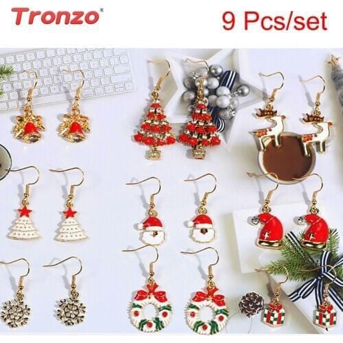 Tronzo 9 Pairs/set Christmas Earrings Set Lovely Santa Claus Deer Red And Golden Stud Earrings Christmas Gift For Women Navidad