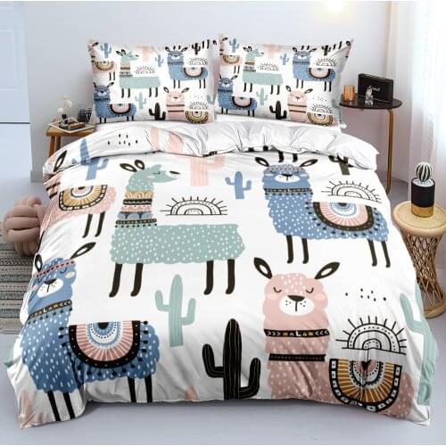 3D Custom Bedding Sets Cartoon Duvet/Quilt/Comforter Cover Pillowcases 3-Piece King Set Queen Size Lovely Alpacas Bed Linens