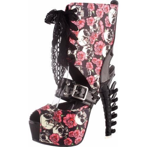 LF80663 SHOW STORY Punk Skull Rose Print Stud Buckle Lace-UpPlatform Bone Heel Club Ankle Bootie Sandals