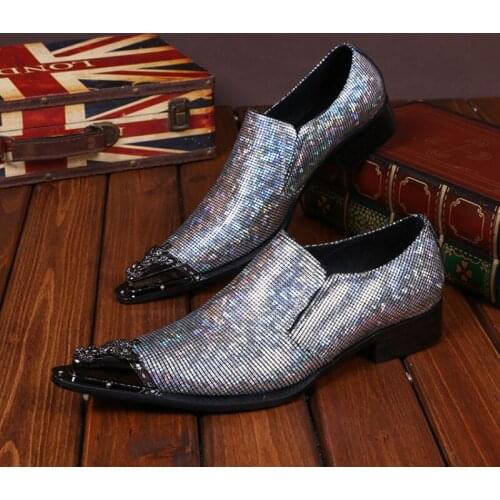 Christia Bella Fashion Party Male Silvery Sequins Real Leather Shoes Metal Pointed Toe Male Nightclub Shoes Mens Prom Shoes