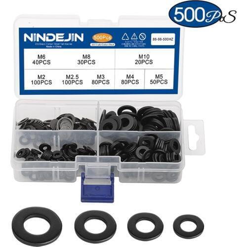 NINDEJIN 500pcs Flat Washer Set m2 m2.5 m3 m4 m5 m6 m8 m10 Carbon Steel Black Gasket Set Plain Washer Assortment Kit Ring