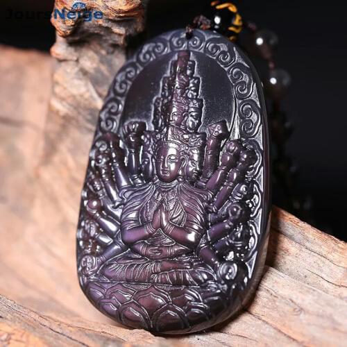 Wholesale Color Black Natural Obsidian Thousands of hands Guanyin Buddha Pendant Necklace Zodiac Genus mouse Buddha guard God