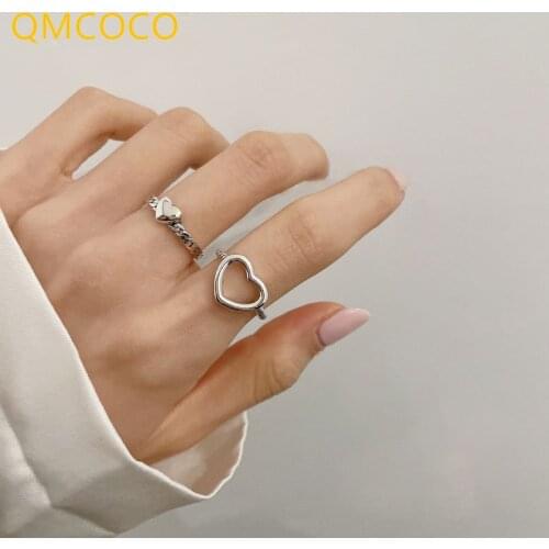 QMCOCO Fashion 925 Silver Party Rings For Women Creative Trendy Hollow Out Heart-Shape Elegant Wedding Bride Jewelry Accessories