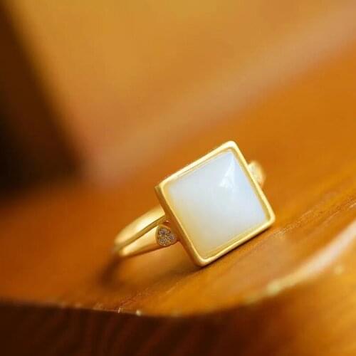 Natural and jade geometric square opening adjustable ring Chinese retro Bohemian elegant womens silver jewelry
