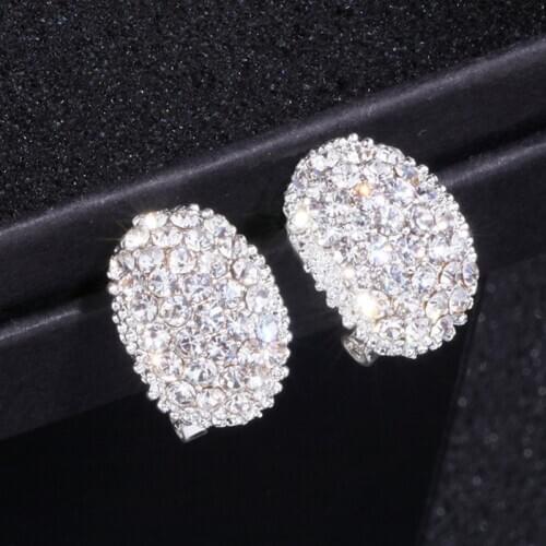 Luxury Oval Shape Crystal Stud Earrings Silver Plated Wedding Jewelry White Full Zircon Stone Earrings For Women
