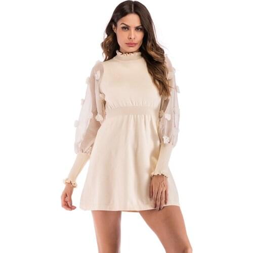 Witbuy Spring Slim Sweet Women Knitted Dress Casual Puff Long Sleeve Female Elegant Turtleneck Mini Sweater Women Dress 2021