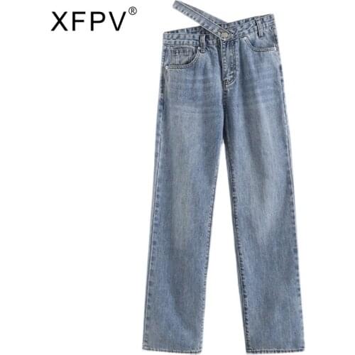 XFPV 2021 New Spring Autumn Fashion Casual Cross Waisted High Waisted Loose Jeans Wide Leg Pants Women SK346