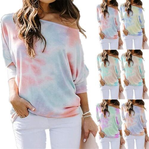 Fall 2020 Tie Dye Slant Collar Loose Casual Long Sleeve T-Shirt Women Fashion Multicolor European And American Style Pullover