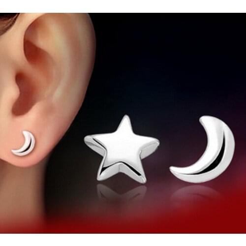 1 Pair Womens Girls Cute Fresh Moon And Star Asymmetry Ear Stud Earrings Fashion Jewelry E0008