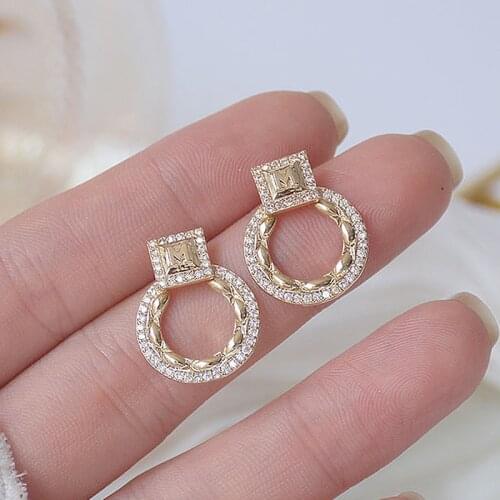 Korea Hot Selling Fashion Jewelry 14K Real Gold Plating Copper Inlaid AAA Zircon Earrings Elegant Square Round Womens Earrings