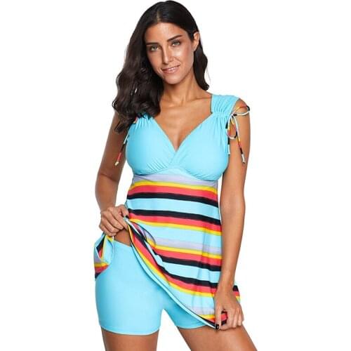 Stripe Womens Plus Size Swimsuit Summer Tankini Set Two Piece Swimwear Push up Bikini Deep V Neck Tops with Boyshorts