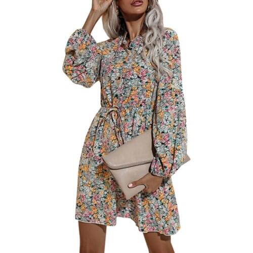Women Big Hem Short Dress, Boho Floral Printed Pattern Stand-up Collar Long Sleeve Dresses Spring Autumn 2021