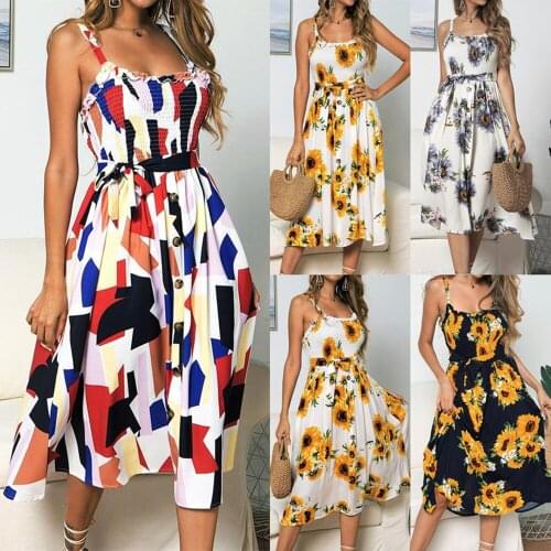 Female Summer Sexy Sling Sunflower Print Dress Fashion Sleeveless Backless With Belt Maxi Dress Beachwear Women A-Line Sundress